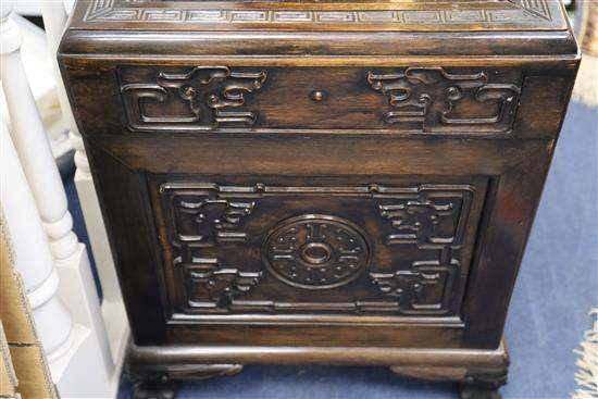 A Chinese hongmu archaistic chilong and medallion chest, c.1900, H. 63.5cm x W. 106cm x D. 54cm